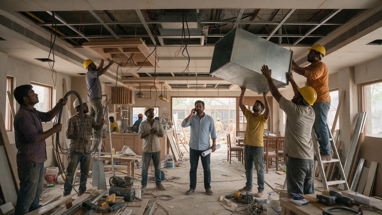 Separate HVAC, electrical, carpentry and signage crews converging on the same ceiling area while the restaurant owner takes a call